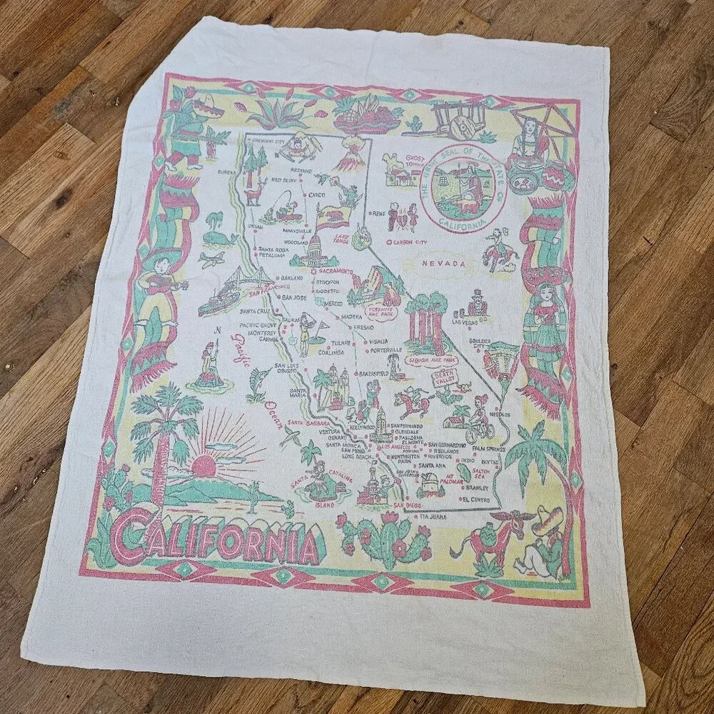 Vintage 40s Large Linen Kitchen Tea Towel California Souvenir Tourist Map 37x29